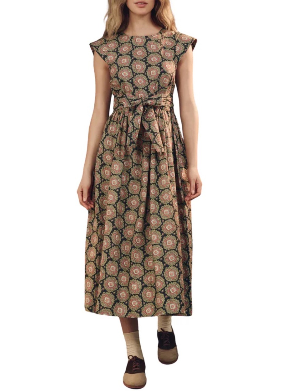 The GREAT Sleeveless Medallion Print Floral Tie-Waist Midi Dress